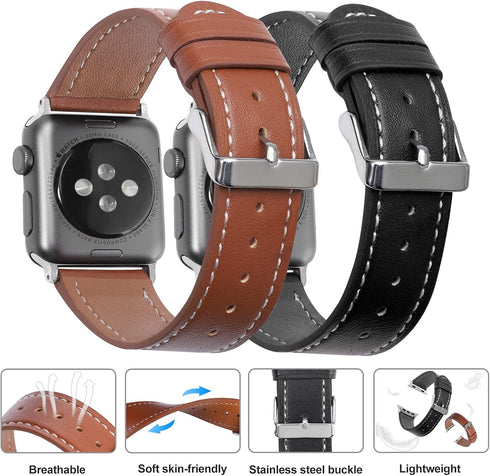 2 Pack Bands Compatible with Apple Watch Band 38mm 40mm 42mm 44mm 41mm 45mm for Men Women, Soft Leather Wristband Replacement Band Strap for iWatc...