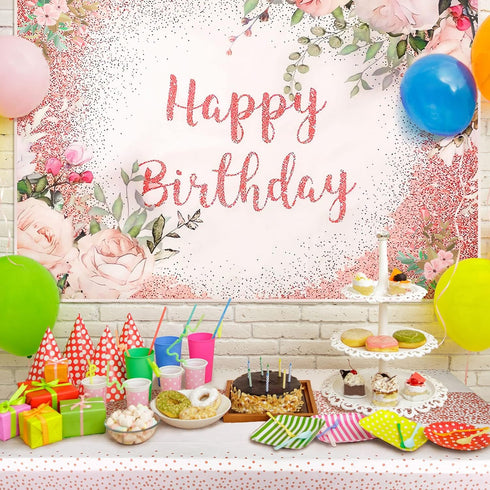 Breling 2 Pcs Pink Happy Birthday Backdrop Banner and Tablecloth for Women Rose Gold Birthday Party Decorations Plastic Floral Table Cover Backdro...