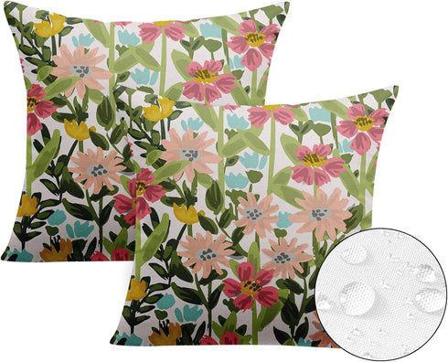 Wildflower Outdoor Waterproof Throw Pillow Covers 18 x 18 Inch Set of 2, Yellow Green Pillowcase Square Cushion Case, Farmhouse Garden Decorative ...