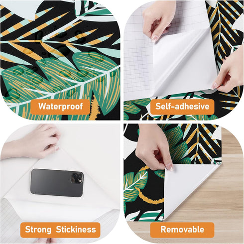 Tropical Green Leaves Wallpaper Peel and Stick Wallpaper Self Adhesive Removable Wallpapers Black Contact Paper for Cabinets Vinyl Countertops Wat...