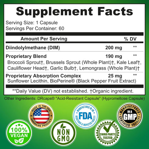 Optimal DIM 200mg Supplement for Women and Men - Made with Organic Whole Foods - Estrogen & Hormone Balance Support Diindolylmethane Complex - Max...