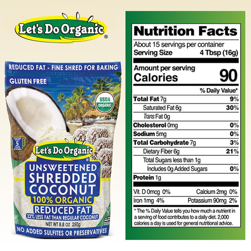 Lets Do Organic Shredded Coconut Unsweetened - Reduced Fat Coconut Shredded Organic, Organic Coconut Shreds, Unsweetened Coconut - 8.8 Oz (Pack of...