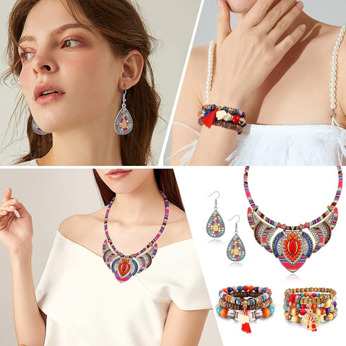 JeryWe 4 Pcs Bohemian Jewelry Set for Women Ethnic Style Costume Necklace Multilayer Boho Stretch Beaded Bracelet Vintage Boho Dangle Earrings, Cu...