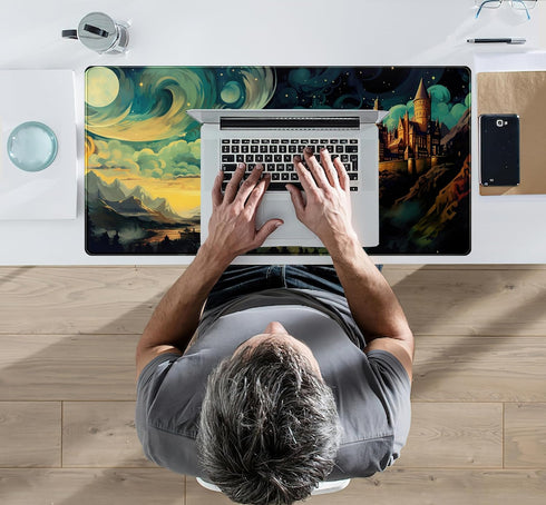 Cool Aesthetic Castle Mouse Pad Desk Pad Cute Cloudy and Starry Desk Mat, Office Desk Decor Anime Mousepad Laptop Keyboard and Mouse Mat, XXL Larg...