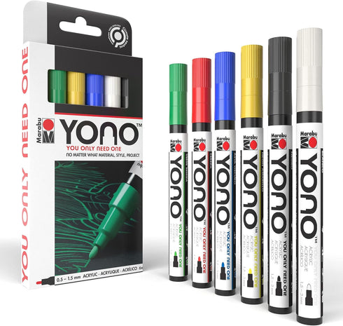 Marabu YONO Acrylic Paint Markers - 6 Fine Point Paint Markers for Metal, Stone, Wood, Canvas, Glass, Ceramic, Graffiti - Paint Pens for Rocks, Mu...