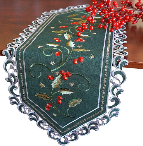 GRANDDECO Holiday Christmas Table Runner, Cutwork Embroidered Floral Holly Berry Dresser Scarf Table Topper for Home Dining Xmas Table Decorations...