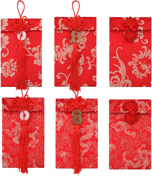 6pcs Silk Red Envelopes Chinese, Silk Hong Bao Chinese New Year Red Lucky Money Envelope with Traditional Patterns & Pendants Red Pocket for Sprin...