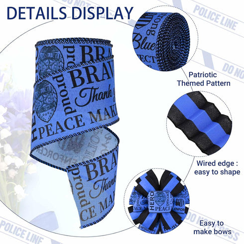 2 Rolls 20 Yards Police Support Wired Edge Ribbon, 2.5"Blue Black Stripe Police Badge Burlap Ribbon Memorial Day Patriotic Ribbons for Wreath Bow ...
