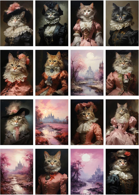 Decoupage Paper Pack (35 Sheets 6"x8") Funny Fancy Cats Wearing Victorian Era Dresses in Pink Castles FLONZ Vintage Illustration Pictures Cards fo...