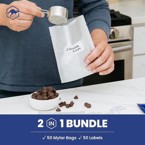 50x Wallaby 1-Cup Mylar Bag Bundle - (5 Mil - 5" x 7") Mylar Bags + 50x Labels - Heat Sealable, Food Safe, & Reliable Long Term-Food Storage Solut...
