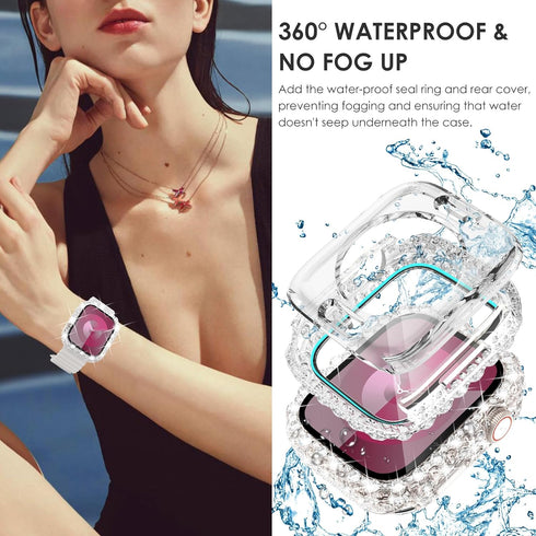 Surace 2 in 1 Waterproof Bling Case Compatible for Apple Watch Series 6 5 4 SE 44mm Screen Protector, Lace Edge Diamond Protective Bumper Face Cov...