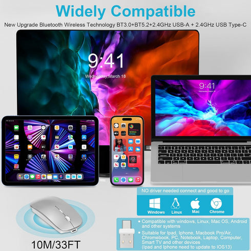 Bluetooth Wireless Mouse for MacBook Air Mac Pro Laptop Computer iPad Pad PC Optical Rechargeable Silent Mouse with Dual Mode Switch Mouse Bluetoo...