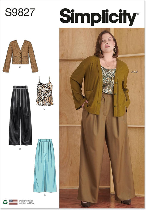 Simplicity Misses' Pleated Wide Leg Pants, Camisole and V-Neck Cardigan Sewing Pattern Kit, Design Code S9826, Sizes 30W-32W-34W-36W-38W, Multicol...