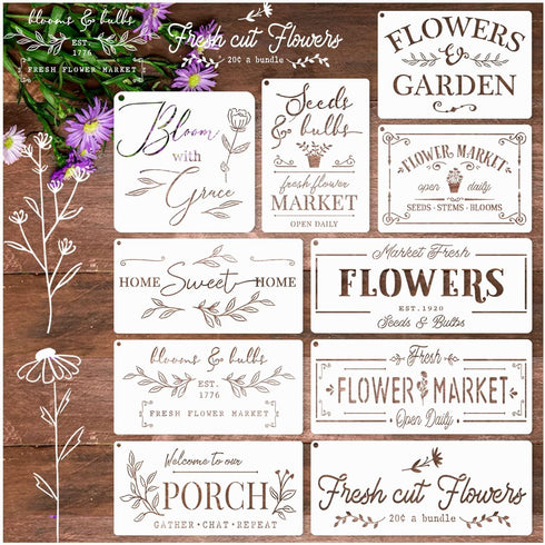 Flower Market Stencil for Crafts Spring Farmhouse Stencils for Painting on Wood Burning Wall, Large Garden Kitchen Embroidery Stencils Paint Art H...