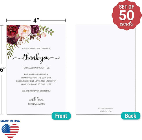 321Done Thank You Placecards for Wedding (Set of 50) Large 4" x 6" Table Place Setting Cards - Made in USA - Watercolor Red Roses Floral on White...