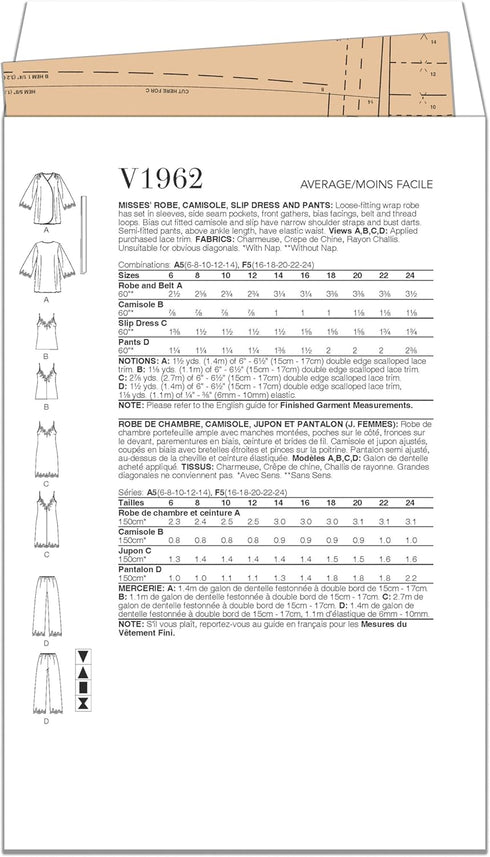 Vogue Misses' Loose-Fitting Wrap Robe, Camisole, Slip Dress and Semi-Fitted Pants Sewing Pattern Packet, Design Code V1962, Sizes 6-8-10-12-14...