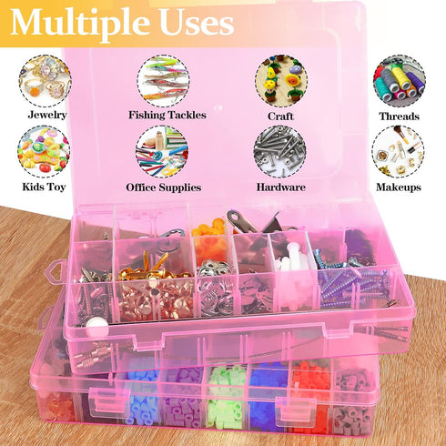 2 Pack 24 Grids Pink Plastic Organizer Box, Storage Container with Adjustable Divider, Craft Organizers and Storage Bead Storage Organizer Box for...