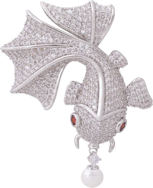OBONNIE Women Cubic Zirconia Crystal 3D Goldfish Whale Pearl Brooch Pin Corsage Pendant Silver Tone...