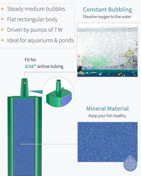 Pawfly Aquarium Air Stone Bar Bubbler 12 Inch, Fish Tank Bubbler Stone with 4 Suction Cups Square Oxygen Diffuser for Air Pump Fish Tank Pond and ...