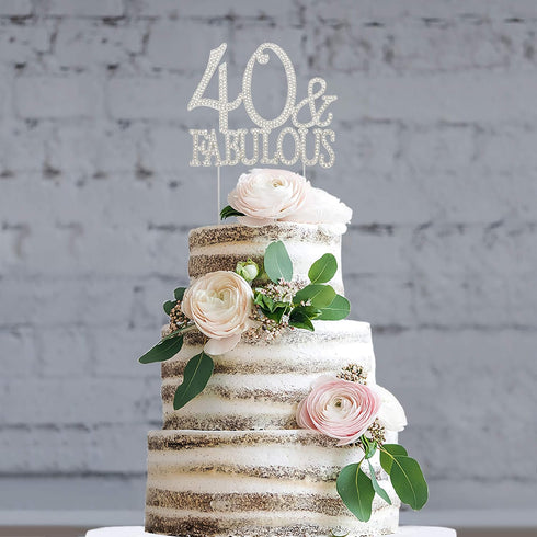 40 Cake Topper - Premium Silver Metal - 40 and Fabulous - 40th Birthday Party Sparkly Rhinestone Decoration Makes a Great Centerpiece - Now Protec...