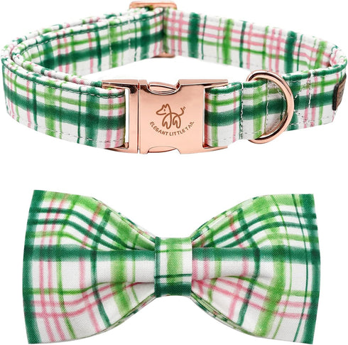 Elegant little tail Dog Collar with Bow - Pink with Green Plaid Boy or Girl Dog Collar Cute Bowtie Pet Collar Adjustable Dog Collar for X-Small Pu...
