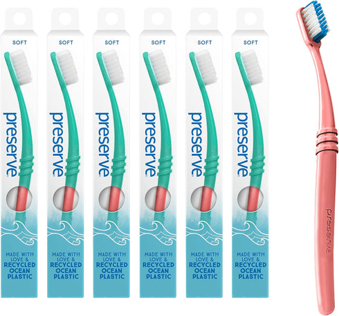 Preserve Ocean Plastic Initiative (POPi) Adult Toothbrush, Made in USA from Recycled Ocean Plastic, Coral, Soft, 6 Count...