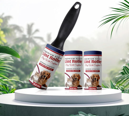 Premium Sticky Lint Roller - 270 Sheets Value Pack, 3 Refills 1 Roller, Ergonomic Handle with Effortless Cleanliness for Pet, Dog, Cat Hair Fur, C...