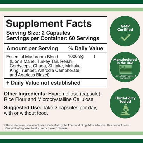 Mushroom Blend Supplement - 1,000mg Top 10 USA Grown Mushrooms (Lion's Mane, Reishi, Cordyceps, and More)...