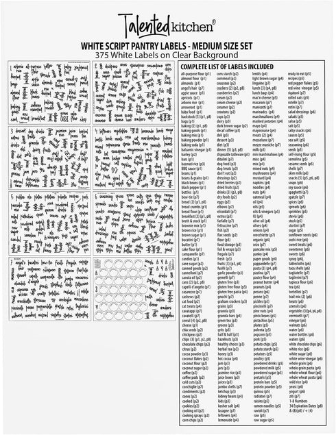 Talented Kitchen Pantry Labels for Containers (375 Pack) - White Script Pantry Stickers for Organizing Food Containers, Jars, Storage, and Bins (W...