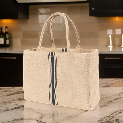 KAF Home Jute Market Tote Bag with Handles, Triple Stripe...