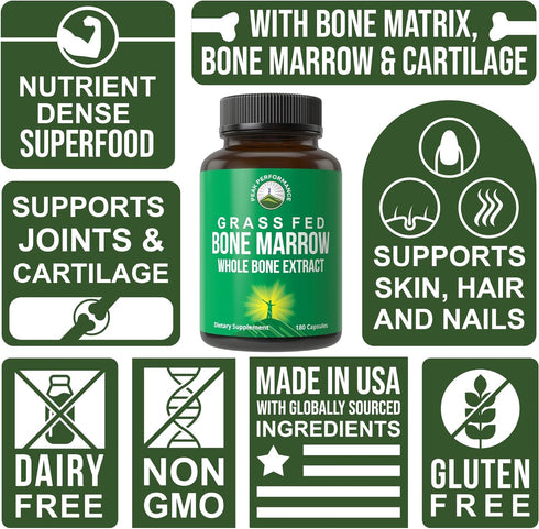 Peak Performance Grass Fed Bone Marrow - Whole Bone Extract Supplement 180 Capsules Superfood Pills Rich in Collagen, Vitamins, and Amino Acids. f...