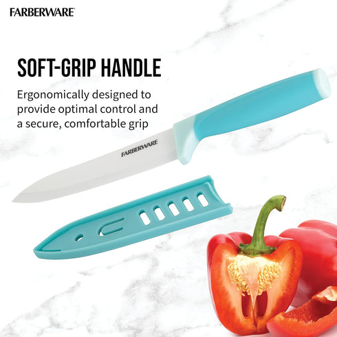 Farberware Ceramic Chef Knife with Custom-Fit Blade Cover, Razor-Sharp Kitchen Knife with Ergonomic, Soft-Grip Handle, Dishwasher-Safe, 6-inch, Aq...