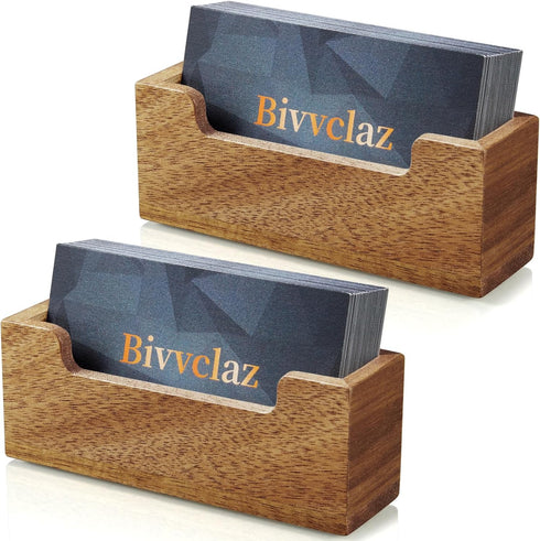 2 Pack Business Card Holder for Desk, Acacia Wood Business Card Organizer Desktop Business Card Display Stand for Office Home Tabletop Exhibition,...