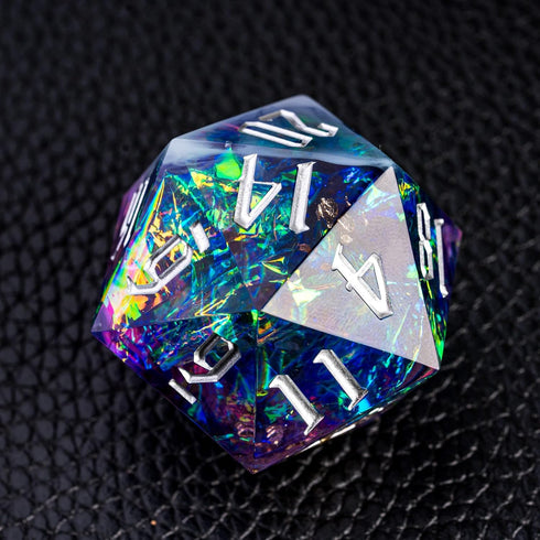 Cusdie Single D20 DND Dice with Sharp Edges and Glitter Foil Inclusions, 20 Sided D&D Dice, 33mm Handcrafted Polyhedral Dice, for Role Playing Gam...