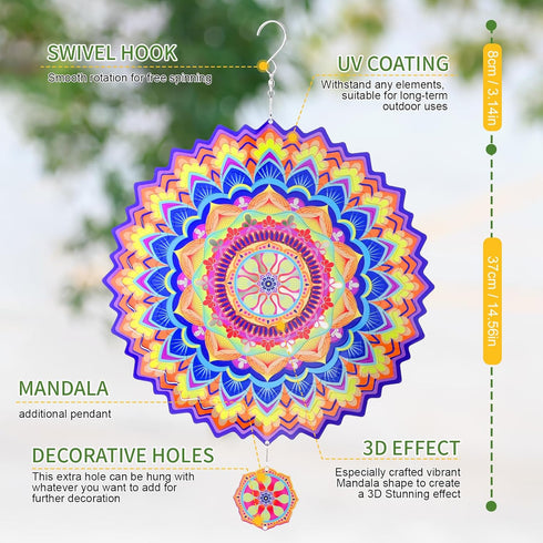 ITEFDTUTNE Metal Wind Spinners, Mandala Stainless Steel 3D Hanging Wind Spinners, 12 inch Laser Cut Wind Sculptures for Women Gift, Indoor/Outdoor...