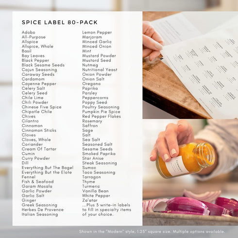 Modern Style White Spice Labels (no jars) by Paper & Pear - Oil Resistant Kitchen Pantry Labels - 1.25” Square Spice Labels Stickers - Durable Spi...