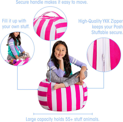 Posh Stuffable Kids Stuffed Animal Storage Bean Bag Chair Cover - Childrens Toy Organizer, Medium 27" - Canvas Stripes Pink and White...