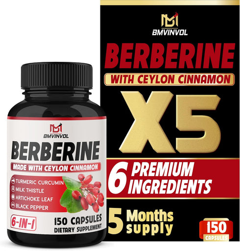 150 Capsules Berberine Supplement with Ceylon Cinnamon, Turmeric, Milk Thistle, Artichoke, and Black Pepper - 5 Month Supply...