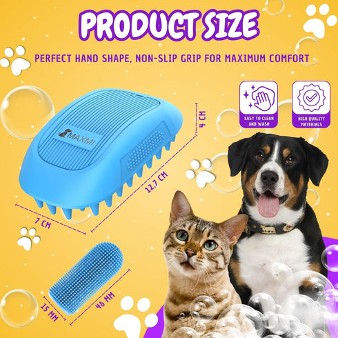 Dog Bath Brush + Gift Toothbrush | Dog Shower Brush | Dog shampoo brush with Non-Slip handle, ideal for short and long coats | Remove loose skin w...