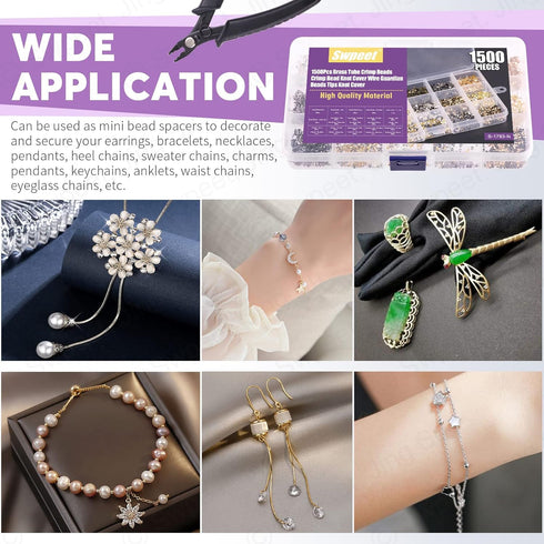 Swpeet 1501Pcs 6 Colors 4 Styles Brass Tube Crimp Beads with Bead Crimping Pliers Kit, Including Brass Tube Crimp Beads & Crimp Beads Knot Covers ...