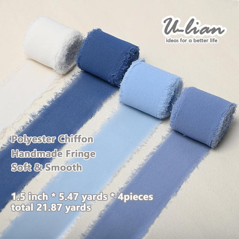 4 Pieces Handmade Fringe Chiffon Silk Ribbon 1.5" x 5.47Yd *4Pcs(Total 21.87Yd) Blue Ribbons Set for Wedding Invitations Bridal Bouquets Gifts Wra...