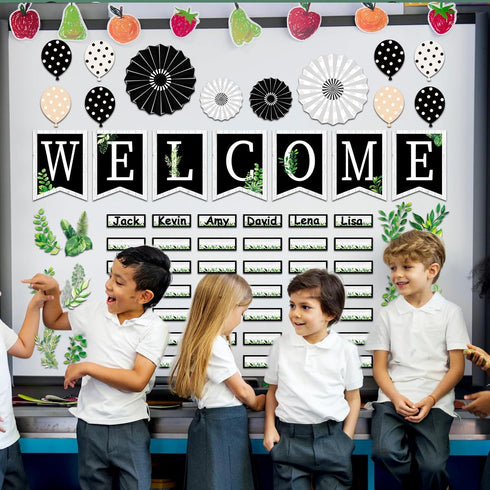 61 Pieces Simply Boho Welcome Classroom Bulletin Board Set Eucalyptus Bulletin Board Classroom Decoration Balloon Paper Fans Cutouts for Primary S...