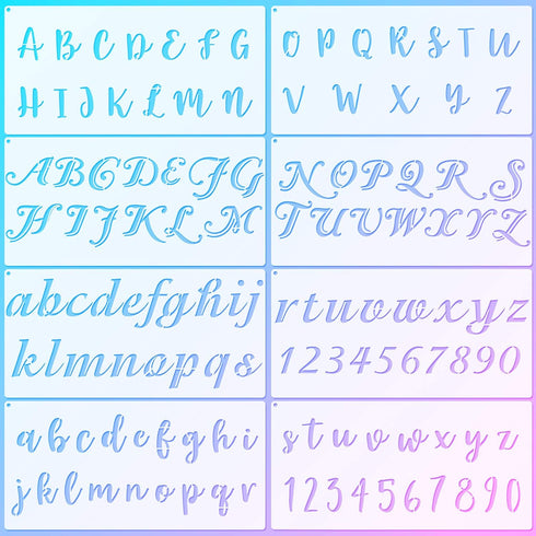 8 Pieces Calligraphy Letter Number Stencil Reusable Template Cursive Alphabet Cake Stencils with Metal Open Ring for Cake Airbrush Art and Craft P...