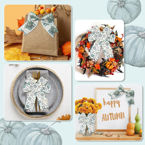 Fall Wired Edge Ribbon 24 Yards Blue Pumpkin Eucalyptus Leaves Craft Fabric Ribbon Autumn Plaids Decorative Ribbon for Thanksgiving Harvest Wreath...