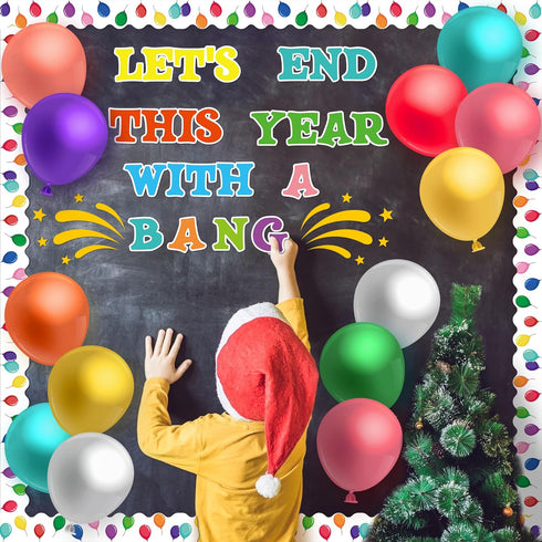 56pcs Happy New Year Chalkboard Set with 50pcs Balloons and 10 Sheets Glue Points, Let’s End This Year with A Bang Funny Paper Cut-outs School Cla...