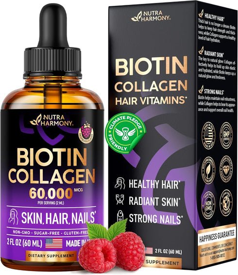 Liquid Biotin & Collagen - Vitamins for Hair Growth Support for Women & Men - Extra Strength 60000 mcg Drops - B7 Supplement - Strong Nails & Heal...