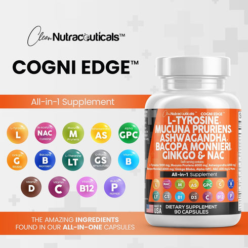 Clean Nutraceuticals L Tyrosine 1000mg Mucuna Pruriens 6000mg Bacopa Monnieri 500mg Ashwagandha 4000mg Focus Supplement w/N-Acetyl Cysteine 600mg ...