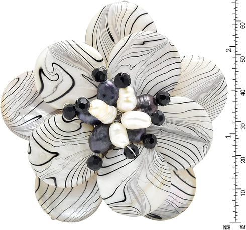 AeraVida Wild & Stylish Black & White Pearls with Painted Stripes on Mother of Pearl Seashell Floral Brooch Pin for Retro Zebra or Animal Print In...