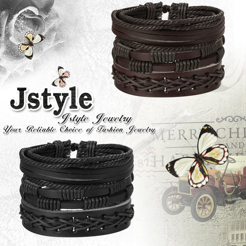 Jstyle 12Pcs Braided Leather Bracelet for Men Women Cuff Wrap Bracelet Adjustable Black and Brown (A:12Pcs)...