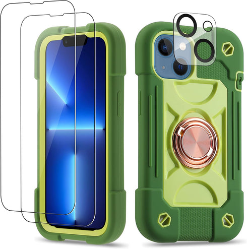 for iPhone 14 Case/iPhone 13 Case Inch with Ring Stand, with 2 Pack Glass Screen Protector + 1 Pack Camera Lens Protector,Heavy-Duty Shockproof Mi...